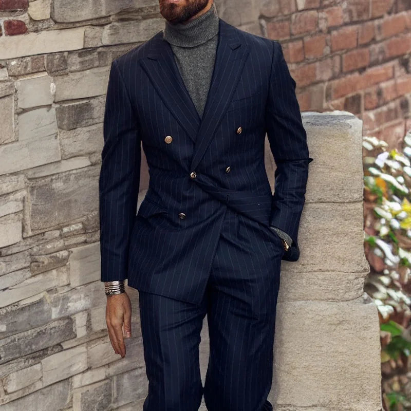 Costume homme d'affaires bleu marine à rayures, smoking de mariage, croisé, coupe slim, tendance (veste + pantalon)