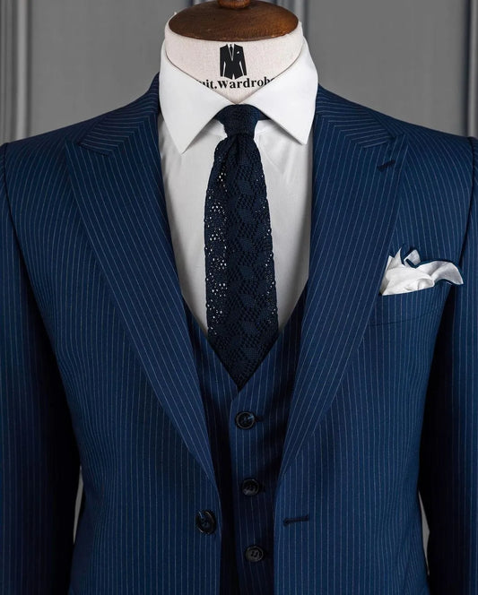 Navy Blue Stripe Suit For Men Tuxedo Homme Full Wedding Slim Fit 3 Pieces Custom Gentleman Modern Formal Suits For Busniess