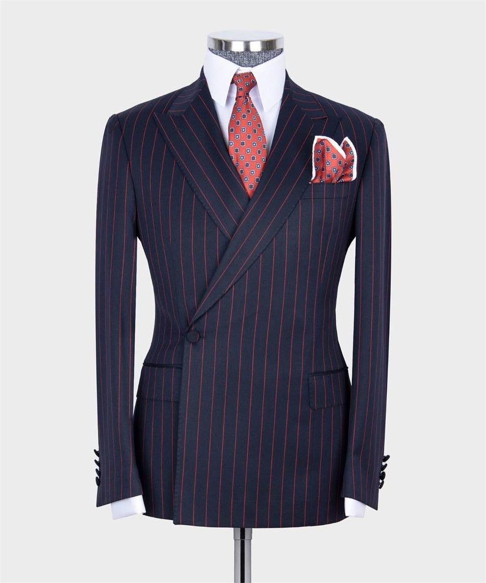 Costume croisé bleu marine à rayures pour homme, smoking de mariage, 2 pièces, blazer et pantalon, tenue d'affaires formelle automne/hiver 