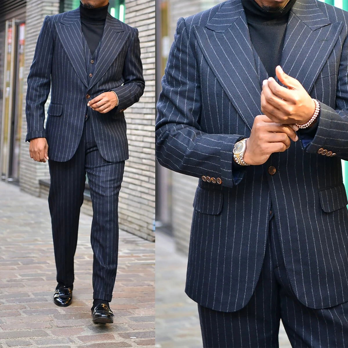 Costume de marié bleu marine à rayures pour homme, smoking de mariage, veste à revers pointu avec pantalon, costume d'affaires 2 pièces, blazer et pantalon