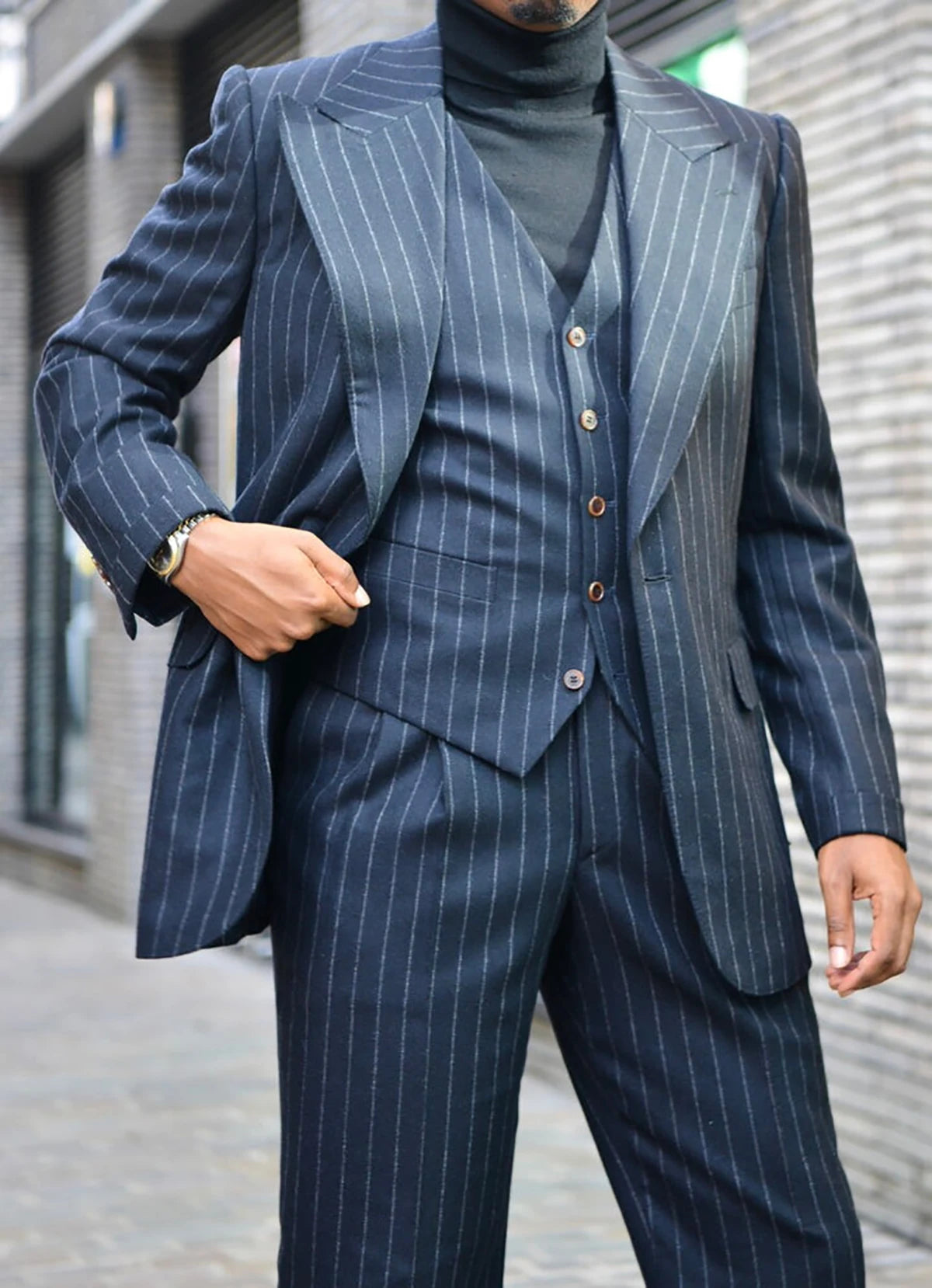 Costume de marié bleu marine à rayures pour homme, smoking de mariage, veste à revers pointu avec pantalon, costume d'affaires 2 pièces, blazer et pantalon