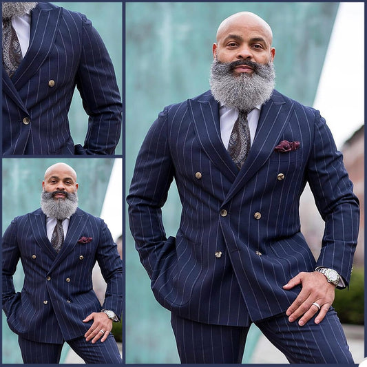 Navy Blue Striped Men Suits for Wedding Groom Tuxedo 2 Piece Custom Made Set Jacket (Jacket+Pants)