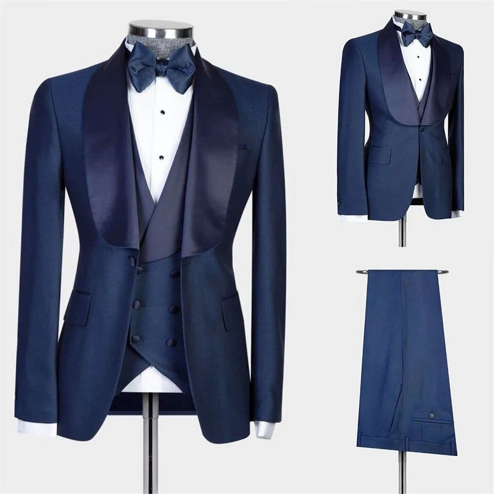 Costume bleu marine pour homme, costume 3 pièces, coupe slim, revers châle, blazer à un bouton, soirée, dîner, décontracté, marié, mariage