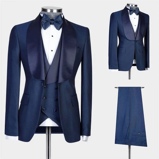 Navy Blue Suits for Men Fashion Shawl Lapel One Button Blazer Party Dinner Casual Groom Wedding Tuxedo 3 Piece Suit Slim Fit