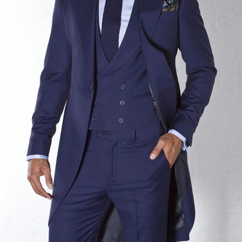 Navy Blue Tailcoat Suits for Men Wedding Custom Made Groom Tuxedos Long Male Fashion Blazer 3 Pieces Groomsmen Costume