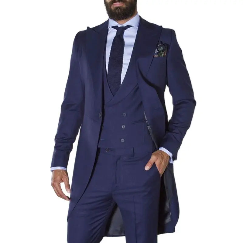 Navy Blue Tailcoat Suits for Men Wedding Custom Made Groom Tuxedos Long Male Fashion Blazer 3 Pieces Groomsmen Costume