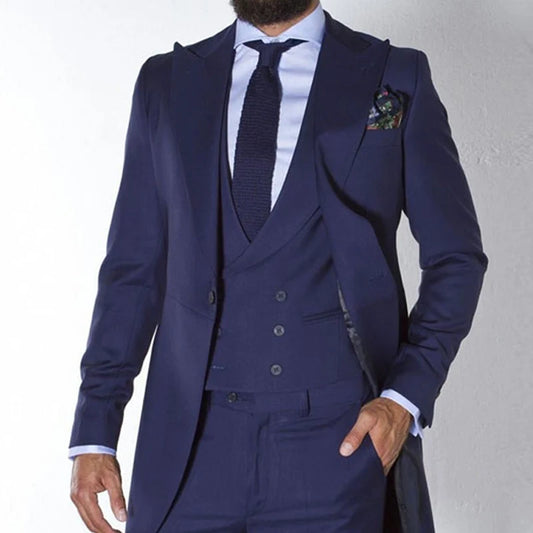 Trajes de frac azul marino para hombre, esmoquin de novio a medida para boda, blazer largo de moda para hombre, traje de 3 piezas para padrinos de boda