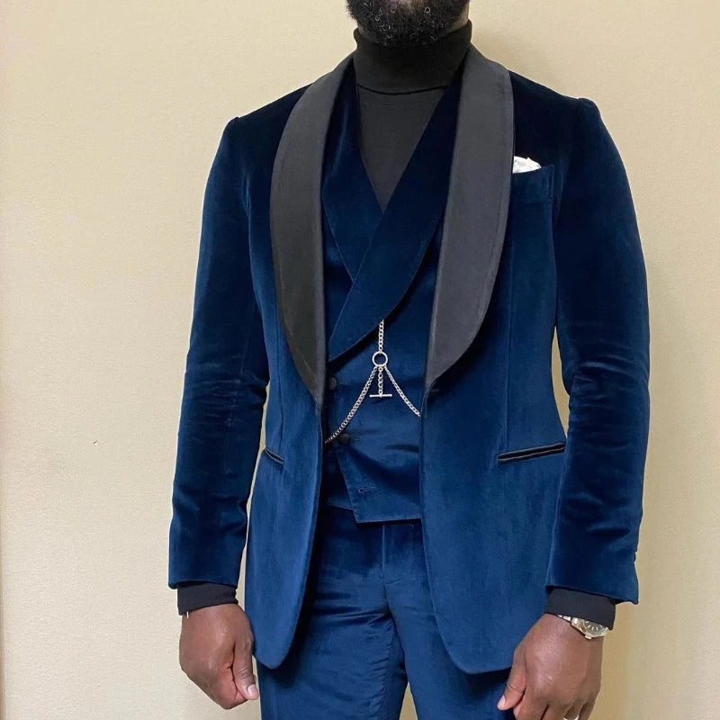 Costume 3 pièces en velours bleu marine pour homme, smoking de mariage, un bouton, coupe slim, revers châle, blazer avec gilet et pantalon 
