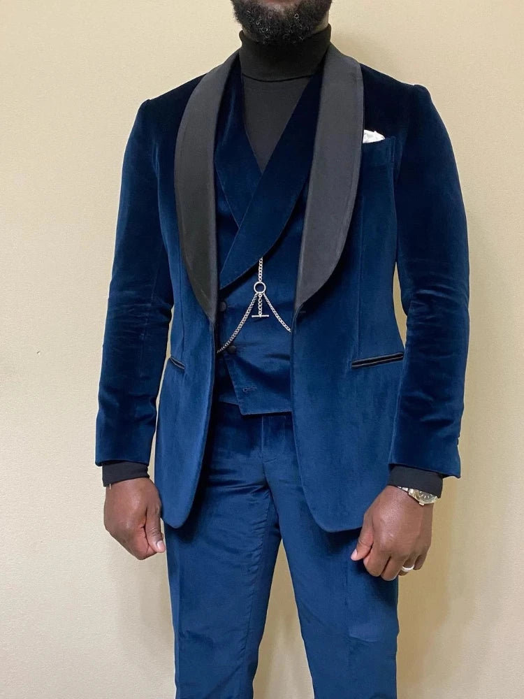 Costume 3 pièces en velours bleu marine pour homme, smoking de mariage, un bouton, coupe slim, revers châle, blazer avec gilet et pantalon 