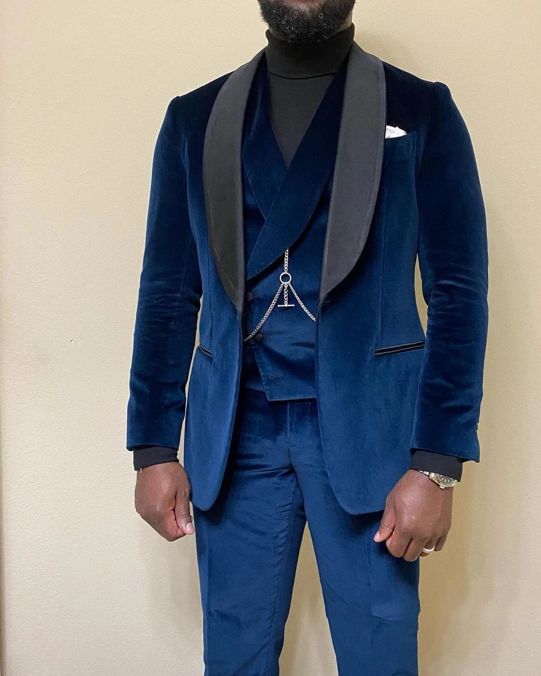 Costume 3 pièces en velours bleu marine pour homme, smoking de mariage, un bouton, coupe slim, revers châle, blazer avec gilet et pantalon 