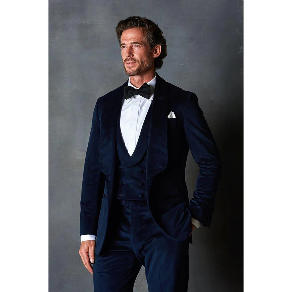 Traje de hombre de terciopelo azul marino de tres piezas (chaqueta, pantalón y chaleco), ideal para fiesta, graduación y boda.