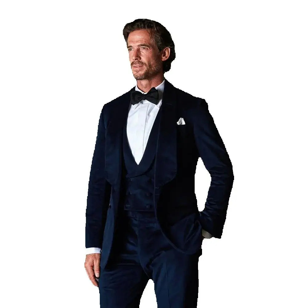 Traje de hombre de terciopelo azul marino de tres piezas (chaqueta, pantalón y chaleco), ideal para fiesta, graduación y boda.