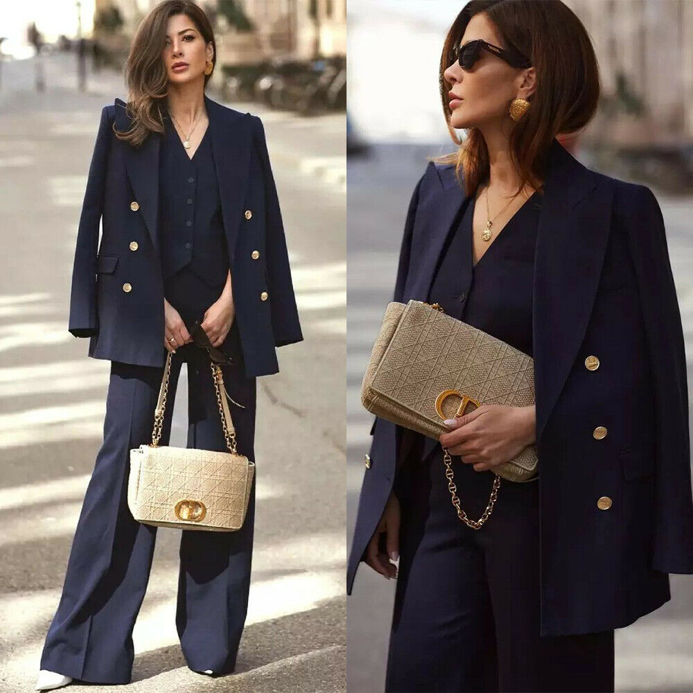 Costume bleu marine 3 pièces pour femme (veste, pantalon, gilet), blazer formel sur mesure, bouton en métal, manteau de bureau 