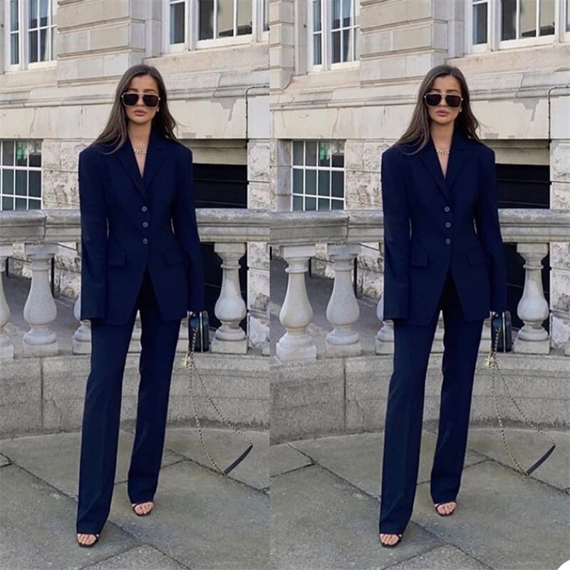 Navy Blue Women Suits Set Long Sleeves Blazer+Pants Custom Made Jacket Casual Power Party Prom Dresses Costume