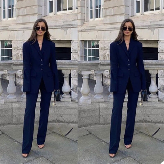 Conjunto de traje azul marino para mujer, chaqueta de manga larga y pantalón, chaqueta a medida, vestido informal para fiesta de graduación 