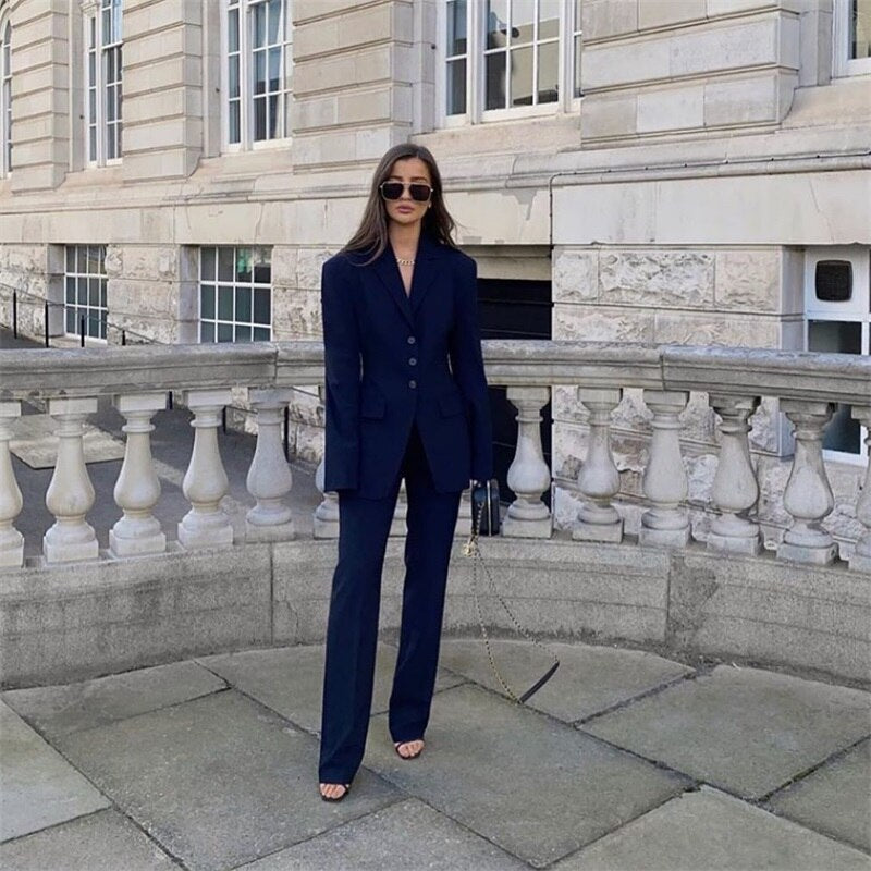Conjunto de traje azul marino para mujer, chaqueta de manga larga y pantalón, chaqueta a medida, vestido informal para fiesta de graduación 