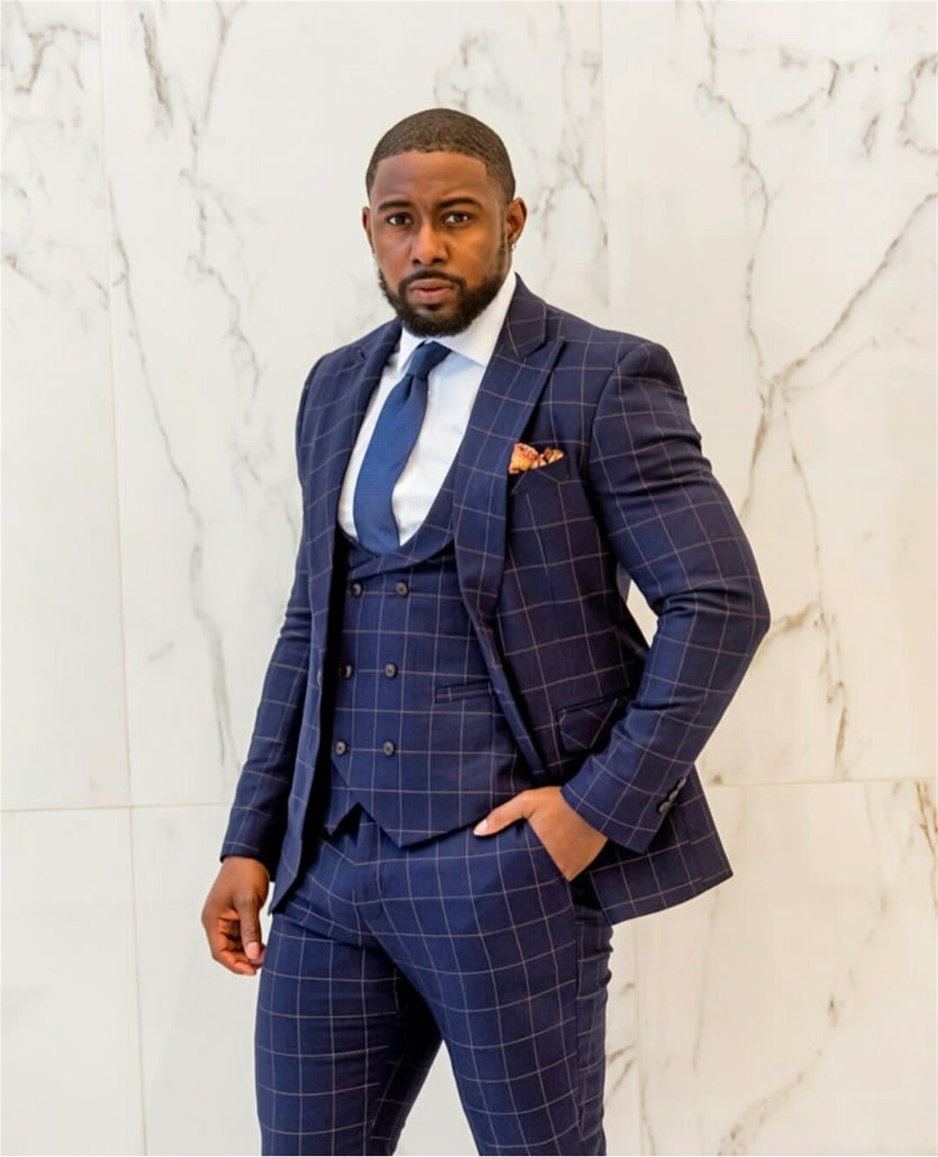 Navy Check men 3 Piece Suit Plus Size Classic Plaid Groom Men Business Pants Suits Tailored Fit Prom Party Wedding Tuxedos
