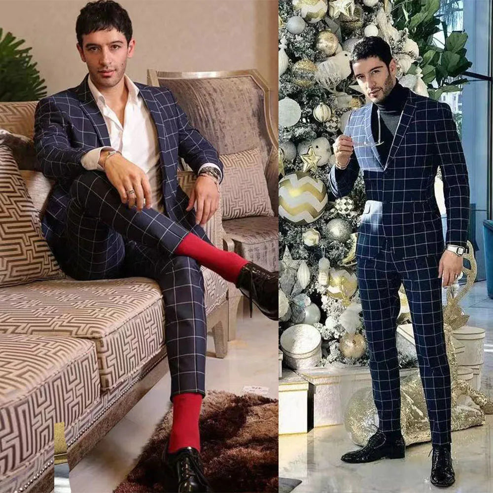 Navy Classic Check Groom Wedding Tuxedos Plaid Mens Groommen Party Prom Pants Suits Jacket Business Work Wear Outfit 2 Pieces