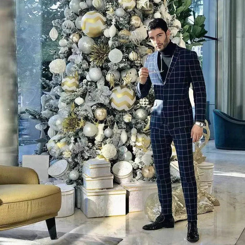 Navy Classic Check Groom Wedding Tuxedos Plaid Mens Groommen Party Prom Pants Suits Jacket Business Work Wear Outfit 2 Pieces
