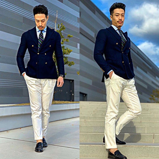 Trajes de hombre azul marino Peaky Blinders de dos piezas de poliéster de diseñador, esmoquin de boda, hecho a medida, chaqueta, pantalones, vestido de fiesta. 