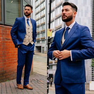 Navy Men's Suit 2 Pieces Blazer Pants Single Breasted Peaked Lapel Business Plaid Stripes Wedding Groom Tailored Costume Homme