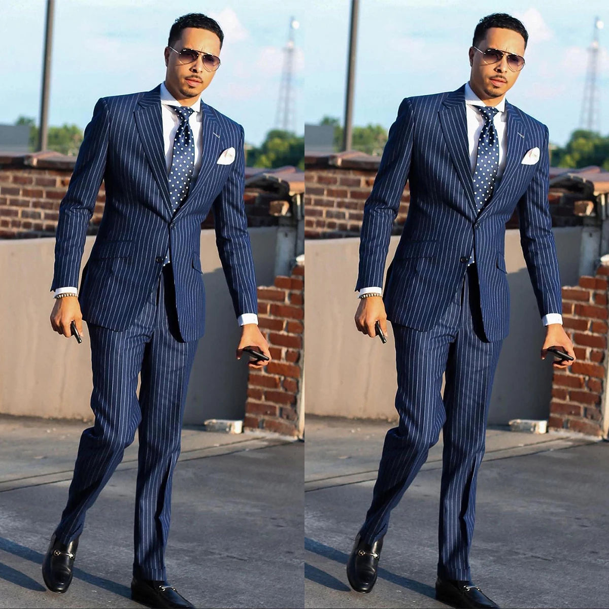 Traje de hombre azul marino de 2 piezas, blazer, pantalón, botonadura sencilla, solapa de pico, formal, a rayas, para boda, novio, traje formal a medida para hombre