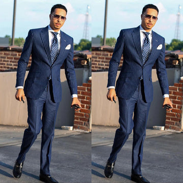 Navy Men's Suit 2 Pieces Blazer Pants Single Breasted Peaked Lapel Formal Pinstripes Wedding Groom Formal Tailored Costume Homme