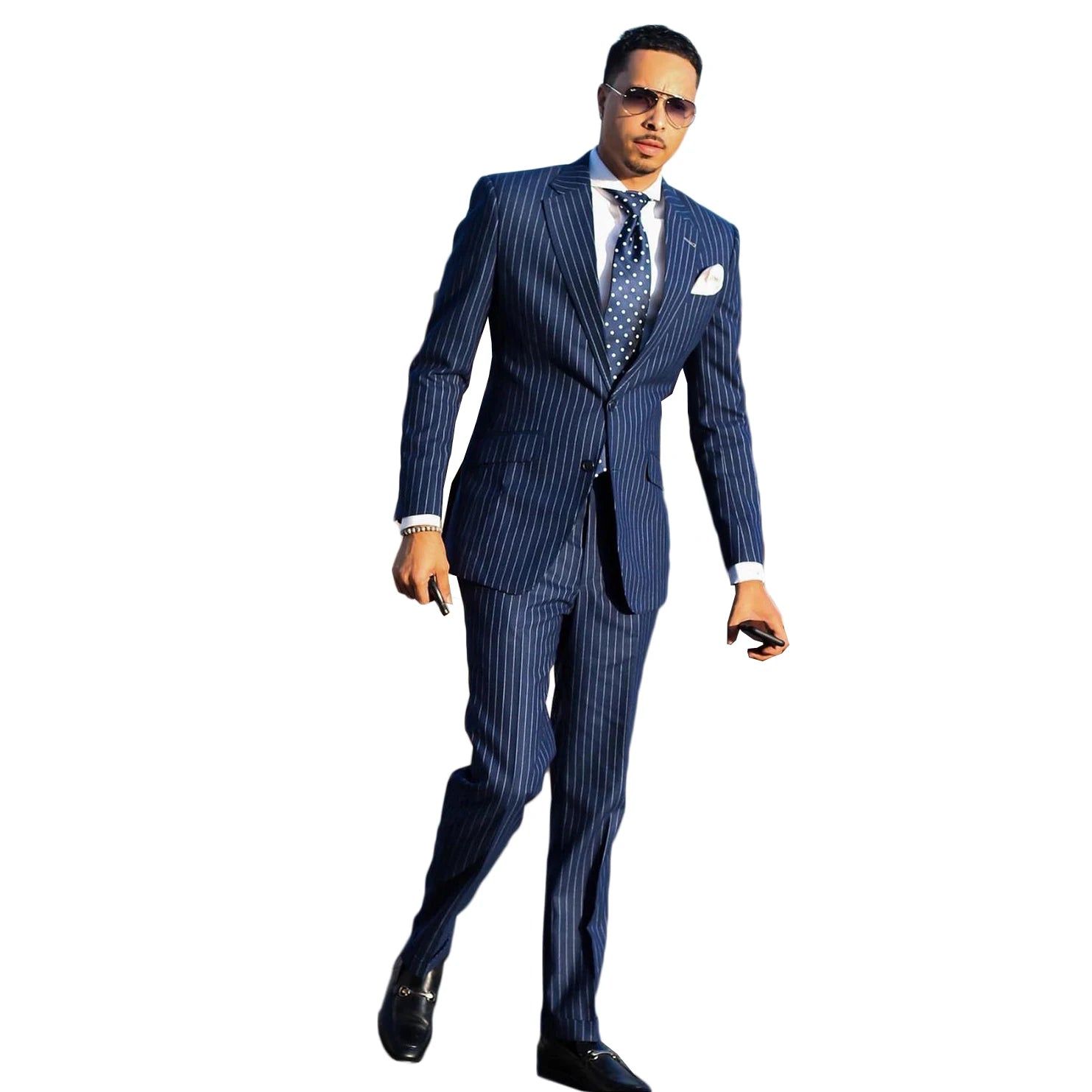 Traje de hombre azul marino de 2 piezas, blazer, pantalón, botonadura sencilla, solapa de pico, formal, a rayas, para boda, novio, traje formal a medida para hombre