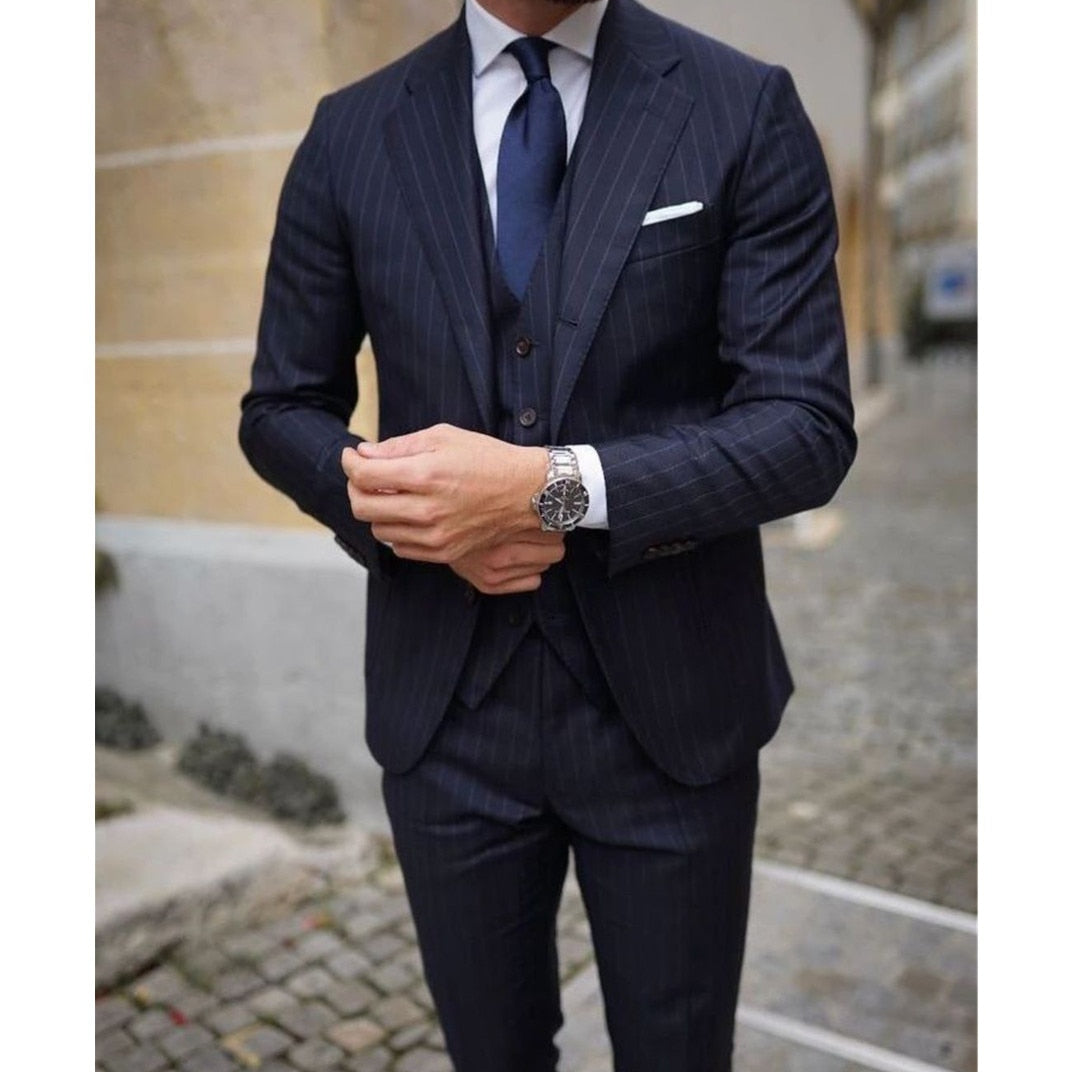 Costume 3 pièces bleu marine pour homme, blazer, gilet, pantalon, un bouton, revers pointu, smoking, affaires, moderne, rayures fines, costume de marié pour homme 