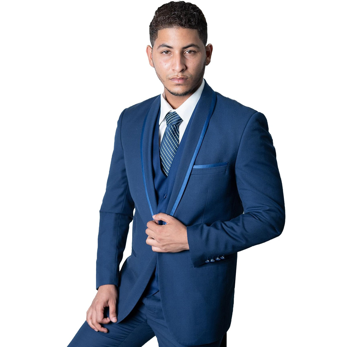 Costume 3 pièces bleu marine pour homme, blazer, gilet, pantalon, un bouton, revers transparent, coupe slim, formel, mariage, marié, sur mesure 