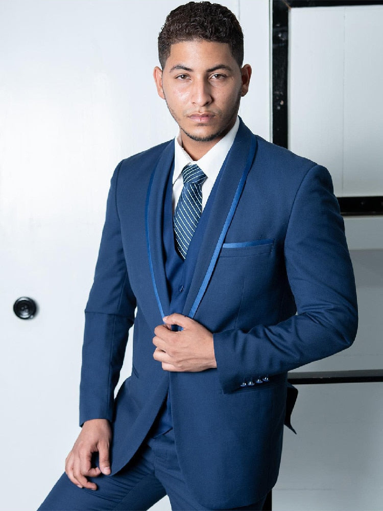 Costume 3 pièces bleu marine pour homme, blazer, gilet, pantalon, un bouton, revers transparent, coupe slim, formel, mariage, marié, sur mesure 
