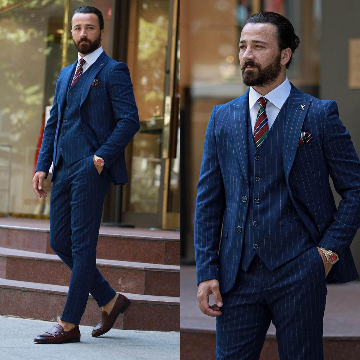 Traje de hombre azul marino de 3 piezas, blazer, chaleco, pantalón, botonadura sencilla, solapa de pico, traje de negocios a rayas para novio de boda, traje a medida para hombre 