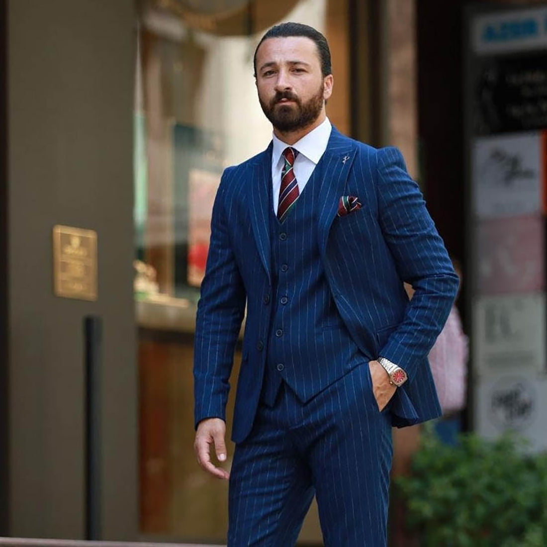 Traje de hombre azul marino de 3 piezas, blazer, chaleco, pantalón, botonadura sencilla, solapa de pico, traje de negocios a rayas para novio de boda, traje a medida para hombre 