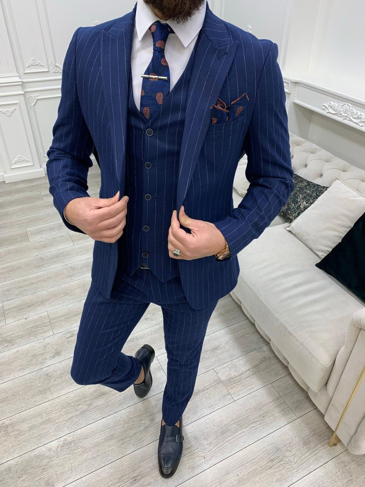 Traje de hombre azul marino de 3 piezas, blazer, chaleco, pantalón, botonadura sencilla, solapa de pico, traje de negocios a rayas para novio de boda, traje a medida para hombre 