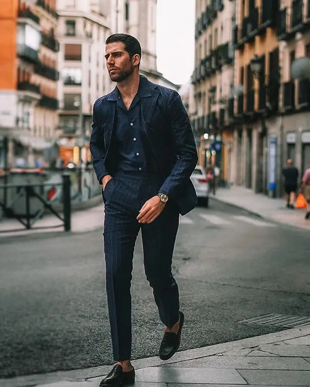 Navy Pinstripe Men Suits Handsome Slim Fit Two Button Peaked Lapel Groom Best Men Prom Party Blazer Jacket(jacket+pants)