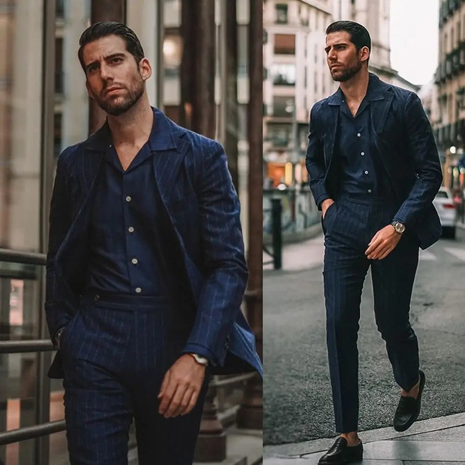Navy Pinstripe Men Suits Handsome Slim Fit Two Button Peaked Lapel Groom Best Men Prom Party Blazer Jacket(jacket+pants)