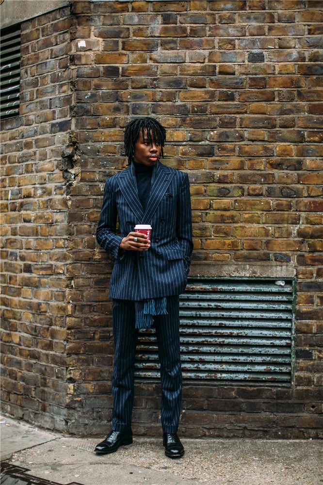 Costume homme bleu marine à rayures, croisé, sur mesure, pour mariage, affaires, formel, veste blazer (veste + pantalon)