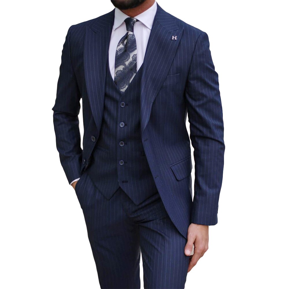 Navy Striped men Pants Suits Slim Fit Groom Wedding Prom Party Blazer Overcoat ( Jacket+Vest+Pants)