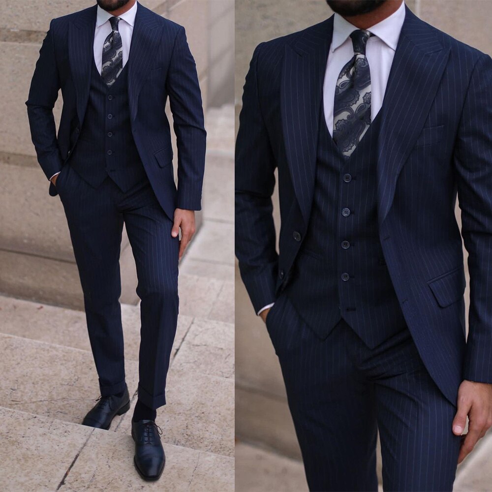 Navy Striped men Pants Suits Slim Fit Groom Wedding Prom Party Blazer Overcoat ( Jacket+Vest+Pants)
