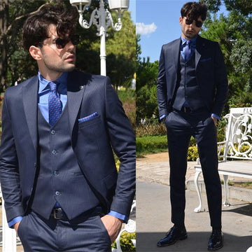 Navy Striped Mens Tuxedos Formal Groom Men Wear Wedding Blazer Trousers Suits Business Prom Party 3 Pieces