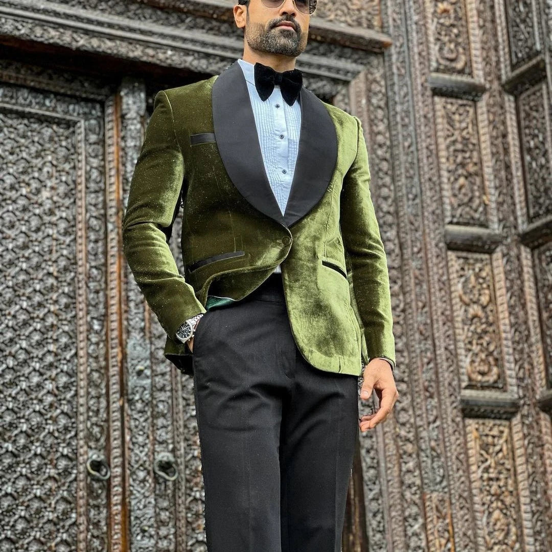Nouveauté 2 pièces velours blazer noir Pans hommes costumes un bouton satin large revers formel bal mariage marié grande taille sur mesure
