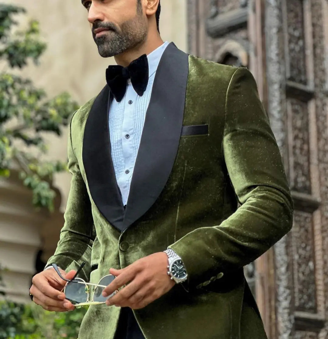 Nouveauté 2 pièces velours blazer noir Pans hommes costumes un bouton satin large revers formel bal mariage marié grande taille sur mesure