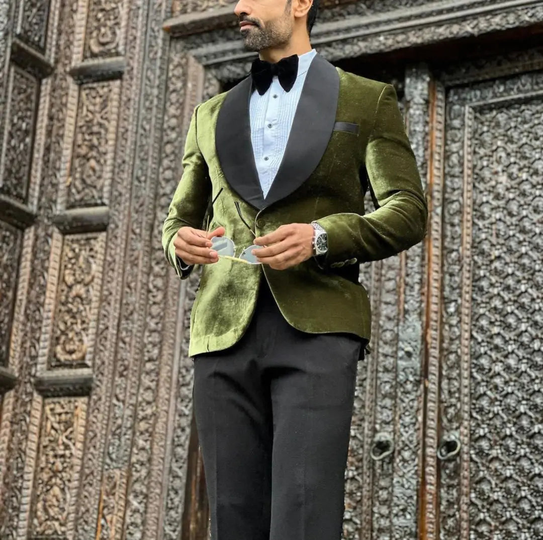2 Pieces Velvet Blazer Black Pans Men Suits One Button Satin Wide Lapel Formal Prom Wedding Groom Plus Size Tailored