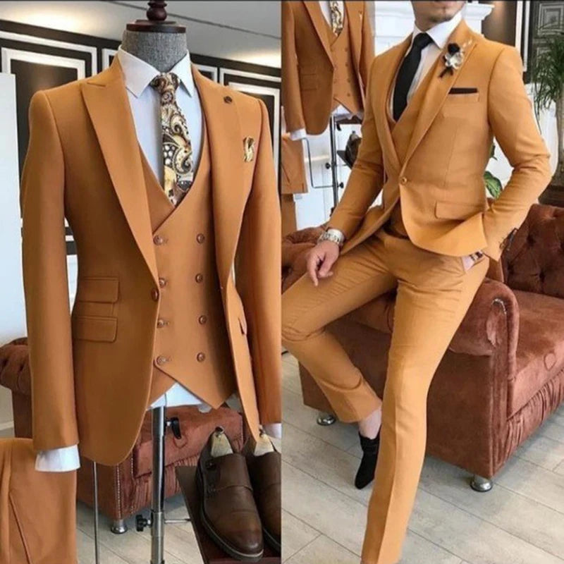 3 Pieces Yellow Men Suits  Slim Fit Peak Lapel One Button Tailor Made Groom  Terno Masculino (Jacket+Pants+Vest）