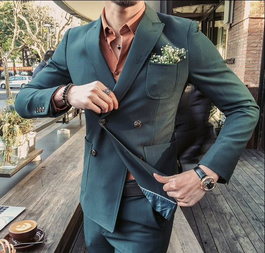 Double Breasted Suit Men Slim Green Casual Suit Men Suit Groom Wedding Dress