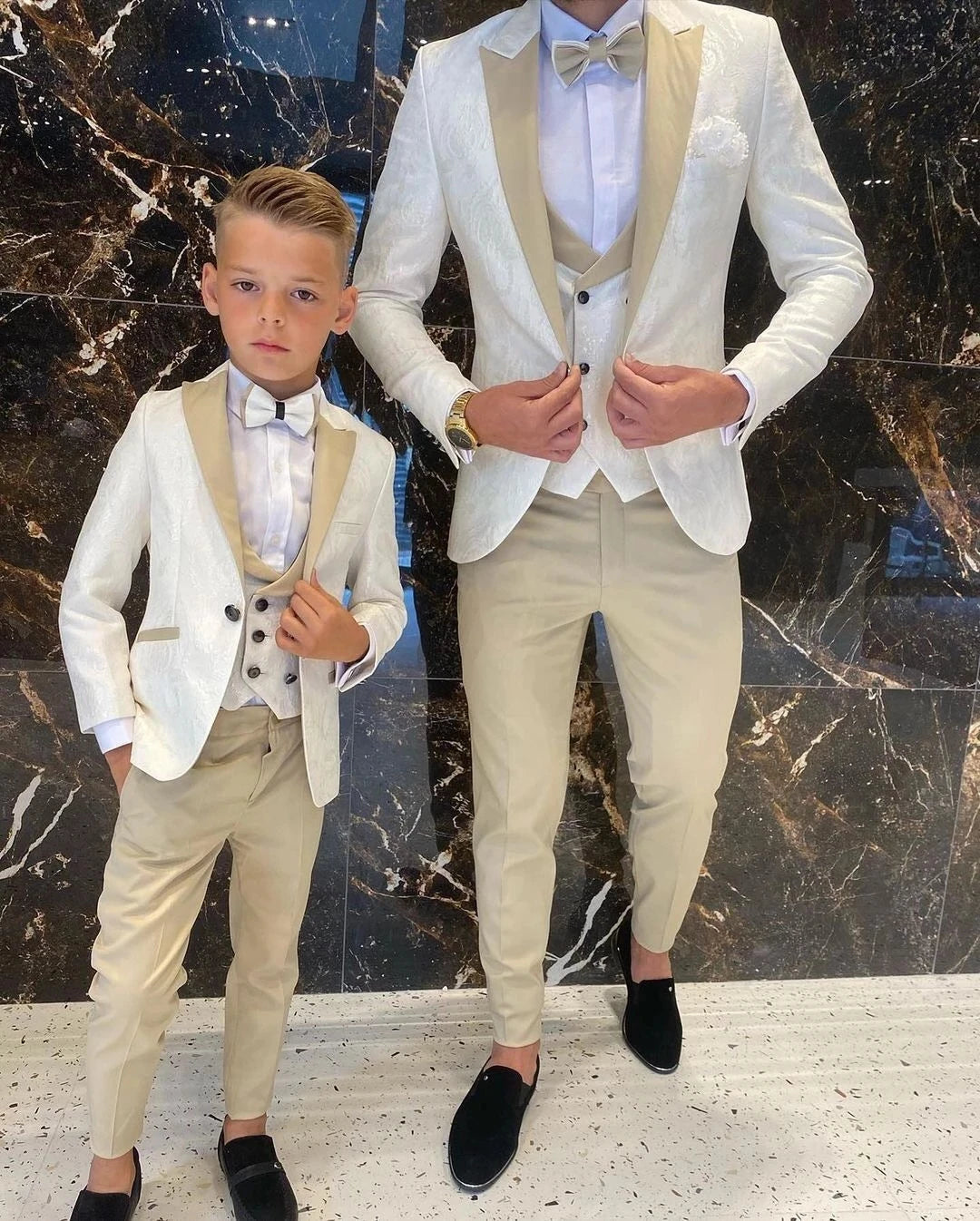 New Arrival Father And Son Men Suits 3 Pcs Cream White Floral Pattern Slim Fit Cocktail Wedding Tuxedos Groom Blazer Custom Made