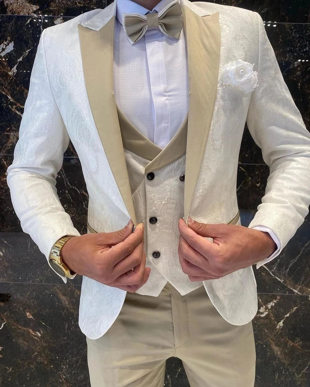 Father And Son Men Suits 3 Pcs Cream White Floral Pattern Slim Fit Cocktail Wedding Tuxedos Groom Blazer Custom Made