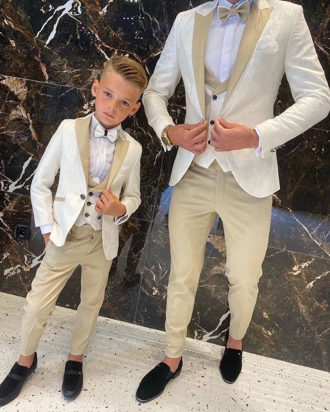 Costume père et fils 3 pièces pour homme, blanc crème, motif floral, coupe slim, cocktail, mariage, smoking, blazer, sur mesure