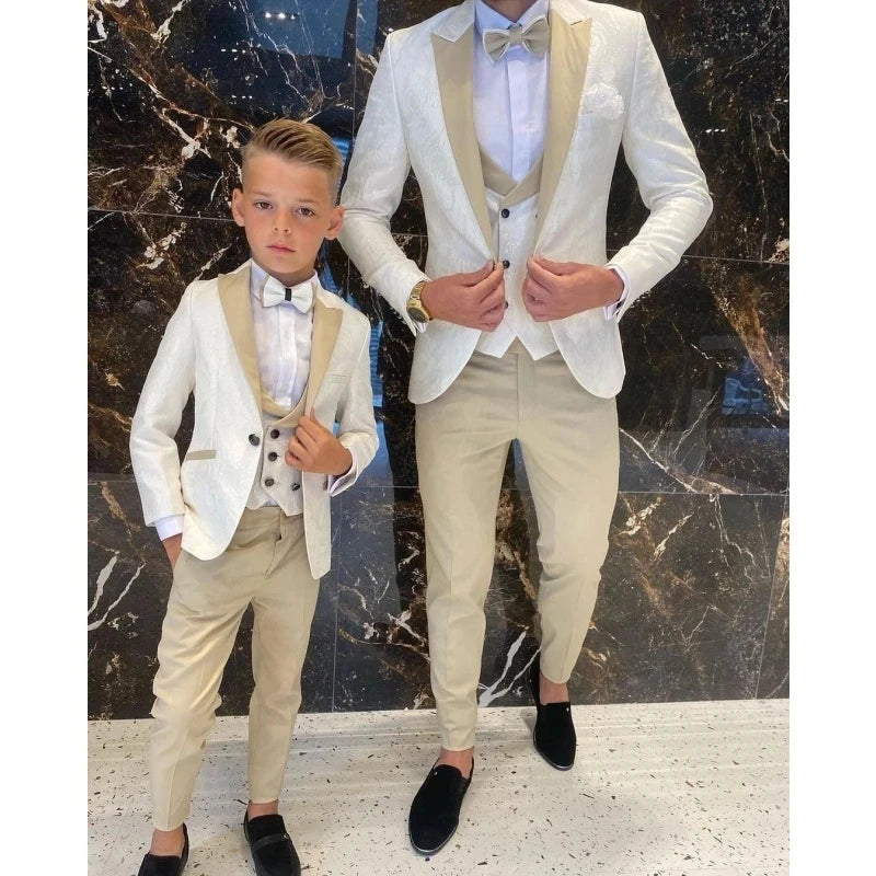 Costume père et fils 3 pièces pour homme, blanc crème, motif floral, coupe slim, cocktail, mariage, smoking, blazer, sur mesure