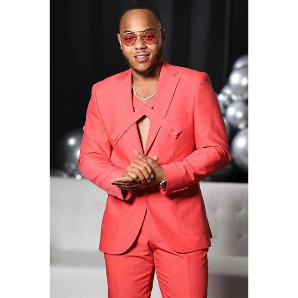 Men's Coral Fashion Suit with Unique Cross Strap Design Two-Piece Outfit